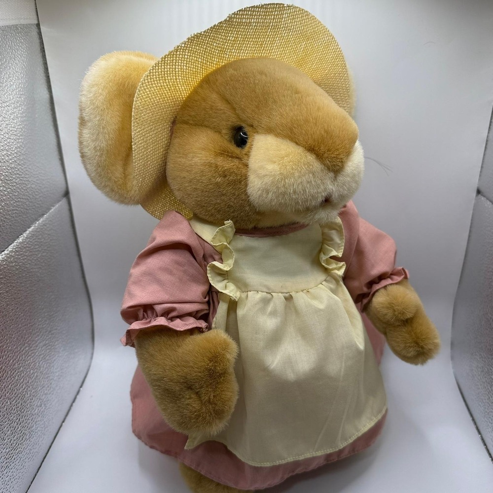 Vintage 1991 Ganz Heritage‎ Collection Mouse Plush Pink Dress Straw Hat 15"